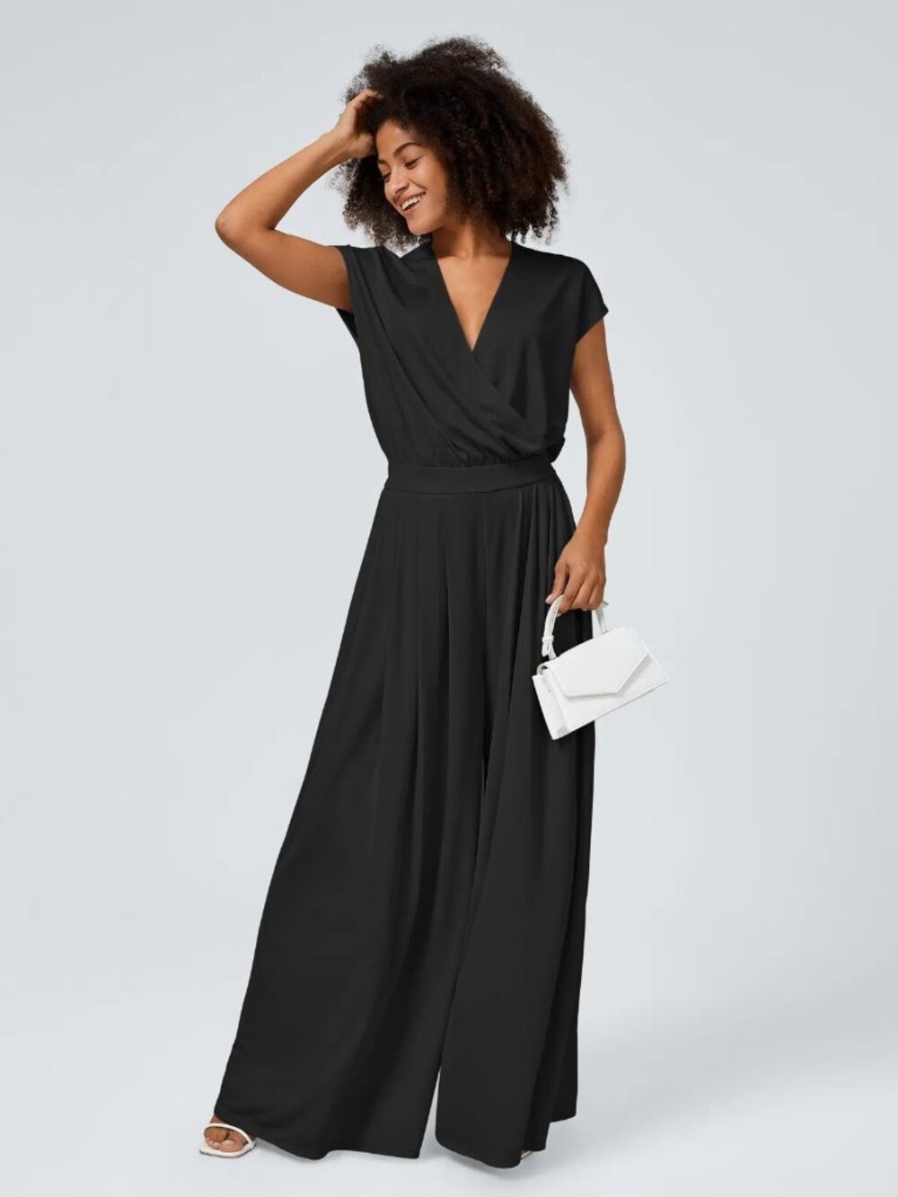 Halara Medium Petite V Neck Short Sleeve Wide Leg Flowy Waffle Jumpsuit w/Pocket
